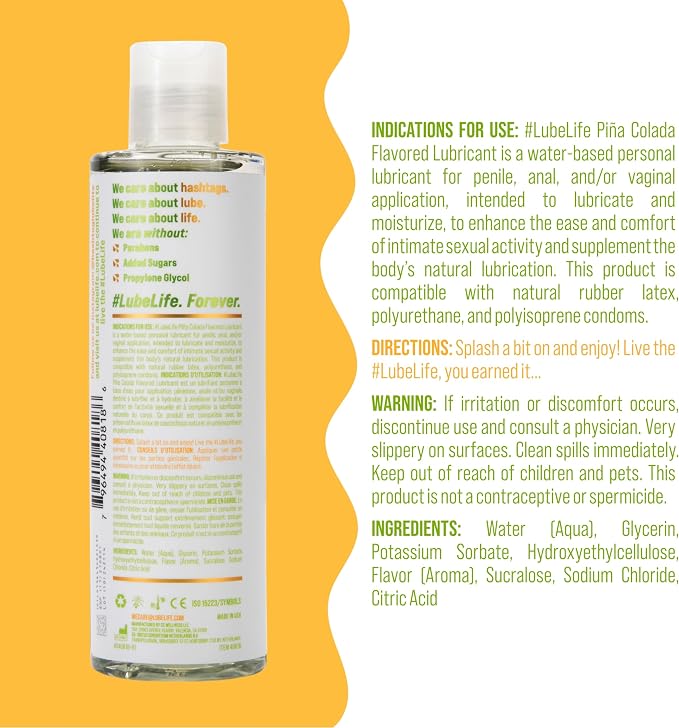 LUBELIFE Water-Based Piña Colada Flavored Lubricant, Personal Lube for Men, Women and Couples, Made Without Added Sugar, 8 Fl Oz