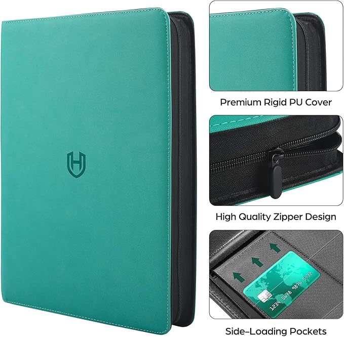 Card Binder 16 Pocket with Zipper, 1024 Pockets Trading Card Holder Book, Premium PU Cover Zip Folder Binder, Side Loading Carrying Case Binder Album for TCG, MTG, Sports Cards, Game Cards