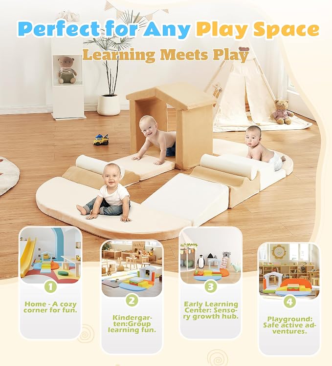 Elftopia 10-Piece Foam Climbing Blocks with Ramp & Stairs for Toddlers,Soft Play Gym Set,Foam Toddler Climbing Toys for Indoor Crawling,Sliding & Creative Play-Classic Color