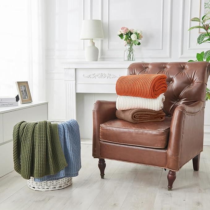 Douceur Rust Orange Throw Blanket for Bed, Soft Chunky Cable Knit Throw Blanket, Classic Fisherman's Rib Stitch Pattern Throw for Living Room,50"X60"