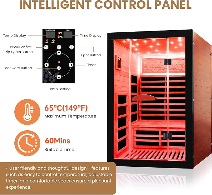 2 Person Far Infrared Home Sauna Low EMF 2000W 110V Wooden Indoor Dry Sauna with Red Light Bluetooth Speakers 47.24"x41.34"x74.8"