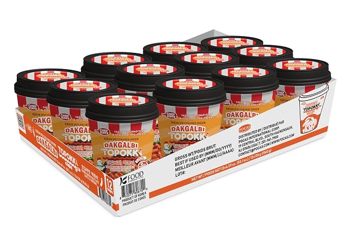 POCAS Chef Kim's Korean Instant Topokki Rice Cake Cups, Microwaveable Rice Cake Snack, Ready in 3 Minutes, 4.2 oz (120g) per Cup, 12 Tteokbokki Cups per Case, Authentic Korean Street Food. (Dakgalbi)