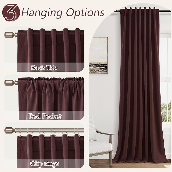 Guken 100% Blackout Curtains 108 Inch Length 2 Panels Set for Living Room Bedroom Back Tab Thermal Insulated Black Out Linen Drapes Room Darkening Reddish Brown,52x108