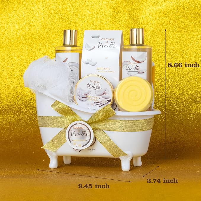 Spa Gifts for Women & Men Coconut Vanilla Bath & Body Self Care Gift Basket | Perfect Gifts Mom, Birthday Gift, All Occasion Holiday Present Spa Gift Basket for Women & Men Pamper Kit- 8-Piece Bath Kit