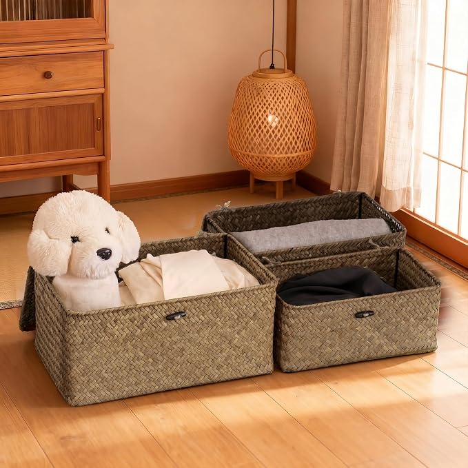 Nonam Seagrass Storage Baskets with Lid Set of 3,Wicker Basket Storage Bin for Shelves,Rectangular,Boho Decor,Handwoven Shelf Basket for Organizing-Storage Container Box for Home Organization-Coffee