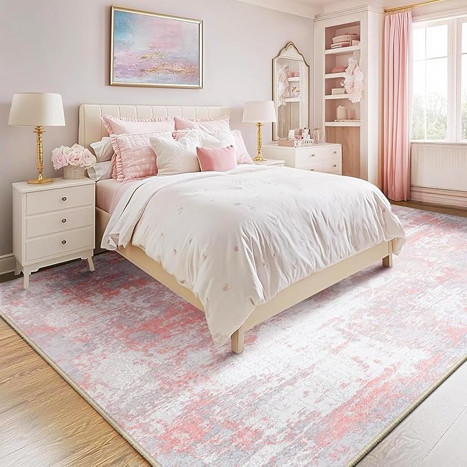 RELEANY Washable 6'x9' Abstract Area Rug for Living Room Gray Pink | carpet for bedroom, kitchen, office, hallway and entryway, printed pattern, non-slip, soft, stain-resistant, easy to clean