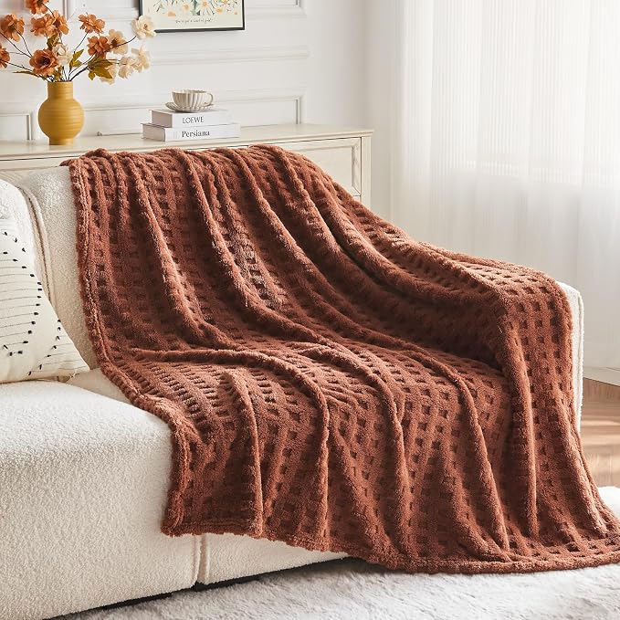 NEWCOSPLAY 3D Waffle Checkered Flannel Queen Blanket, Coffee, 90"x90" | Super Soft Cute Lightweight Decorative Premium Silky Fleece Blanket for Couch Sofa Bed, Gift for Women Men, All Season Use