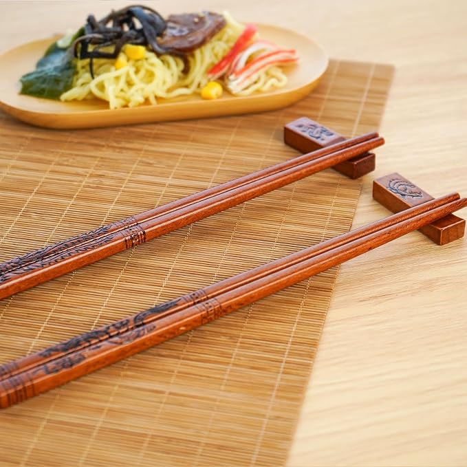 Wooden Chopsticks Set, Dragon Design, Hand-Carved, 2 Pairs | Non-slip grip & 9 inch; reusable tableware; for sushi, ramen, BBQ; great gifts for men, wedding, housewarming & holidays