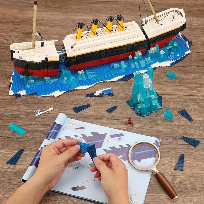 2 in 1 Titanic Building Set, Titanic Big Ship Model Building Kit with Lights Bricks and Glacier, Compatible with Lego for Adults Men, 1928 Pieces STEM Construction Toy for Kids Teens Boys Ages 8-14+