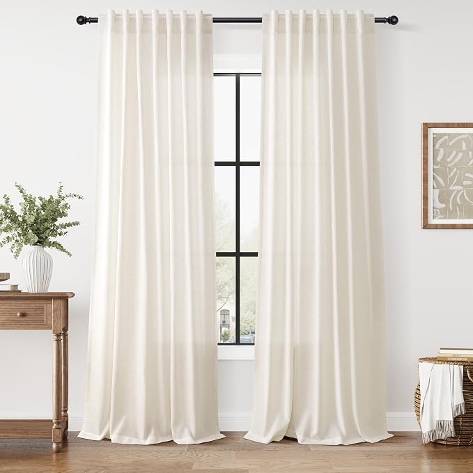 Nanspring Modern Linen Curtains 96 Inches Long for Living Room Light Filtering Semi Sheer Curtain Back Tab Neutral Luxury Modern Farmhouse Decor Linen Blend Drapes for Bedroom 52x96, 2 Panels