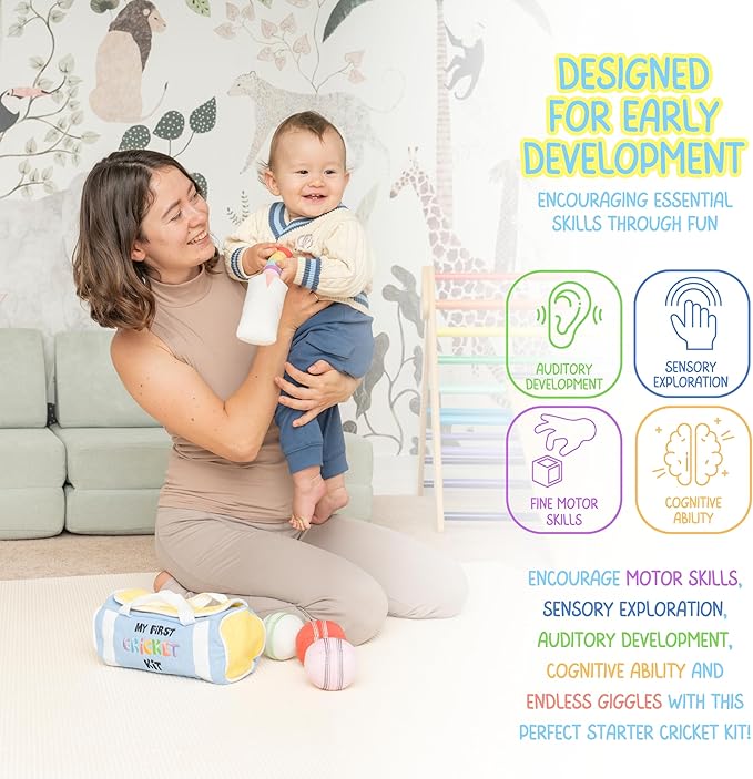 My First Cricket Kit | Cotton Soft Plush Toy | Gift Baby and Infant 0+ Months | 3 Soft Sensory Cricket Balls – Rattle, Crinkle, Squeaker & 1 Rainbow Rattle Cricket Bat | Safe, Fun, Educational