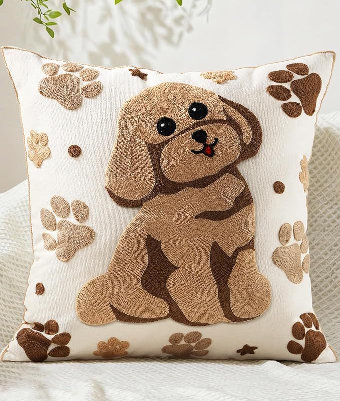 Animal Embroidered Throw Pillow Cover 18x18 Inch, Cute Dog | Decorative Pillow Cover, Country Cushion Cases with Hidden Zipper, Farmhouse Decor for Couch, Sofa, Living Room, Bed