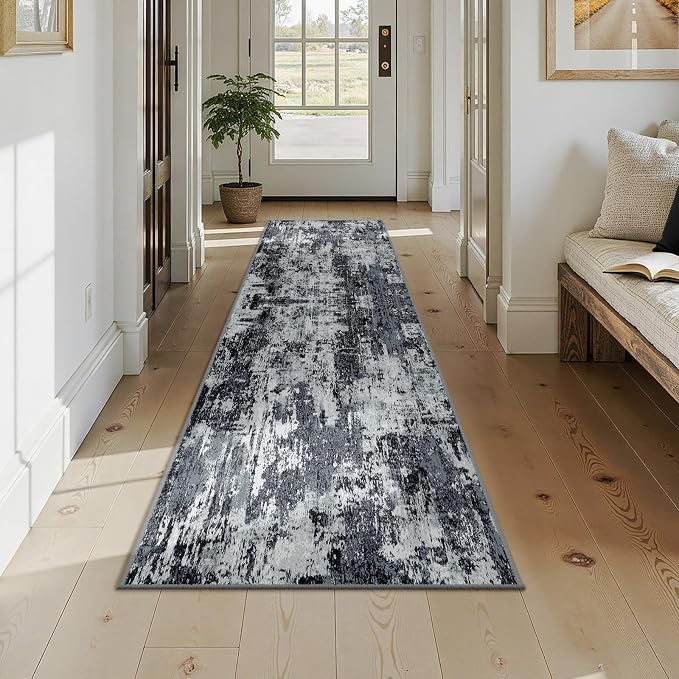 RELEANY Washable Runner 2'x9' Abstract Area Rug for Hallway Black White | carpet for kitchen, entryway, bathroom, living room, bedroom, printed pattern, non-slip, soft, stain-resistant, easy to clean