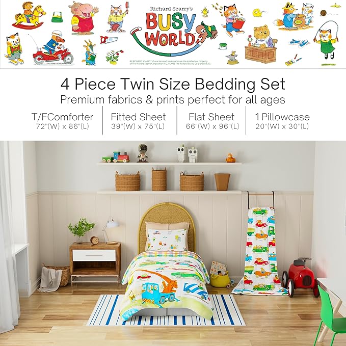 Richard Scarry's Cars & Trucks Book Kids Bedding Set, Twin Size, 4-Piece Super Soft Cozy Reversible Comforter & Sheet Set (Officially Licensed Product) by Franco | Durable, Reversible, Officially Licensed