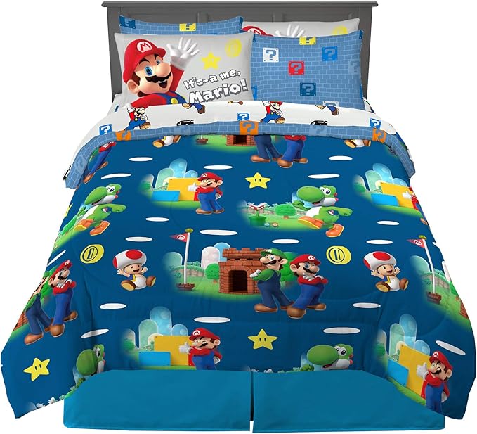 Super Mario Bros Kids Bedding Super Soft Cozy Comforter and Sheet Set with Sham, 7 Piece Full Size Nintendo Gamer Bed Set, (100% Officially Licensed Product) by Franco