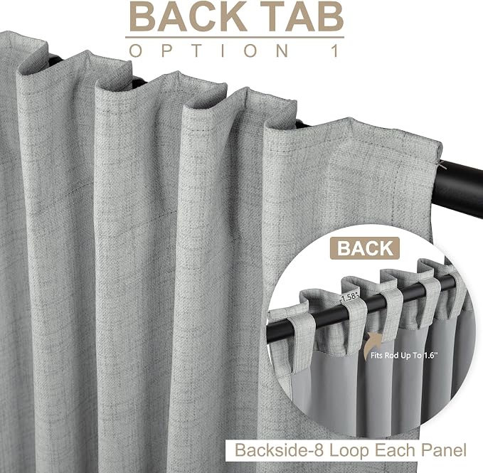 100% Blackout Shield Linen Blackout Curtains for Bedroom 90 Inches Long, Back Tab/Rod Pocket Living Room Drapes, Thermal Insulated Blackout Curtains 2 Panels Set, 50" W x 90" L, Grey