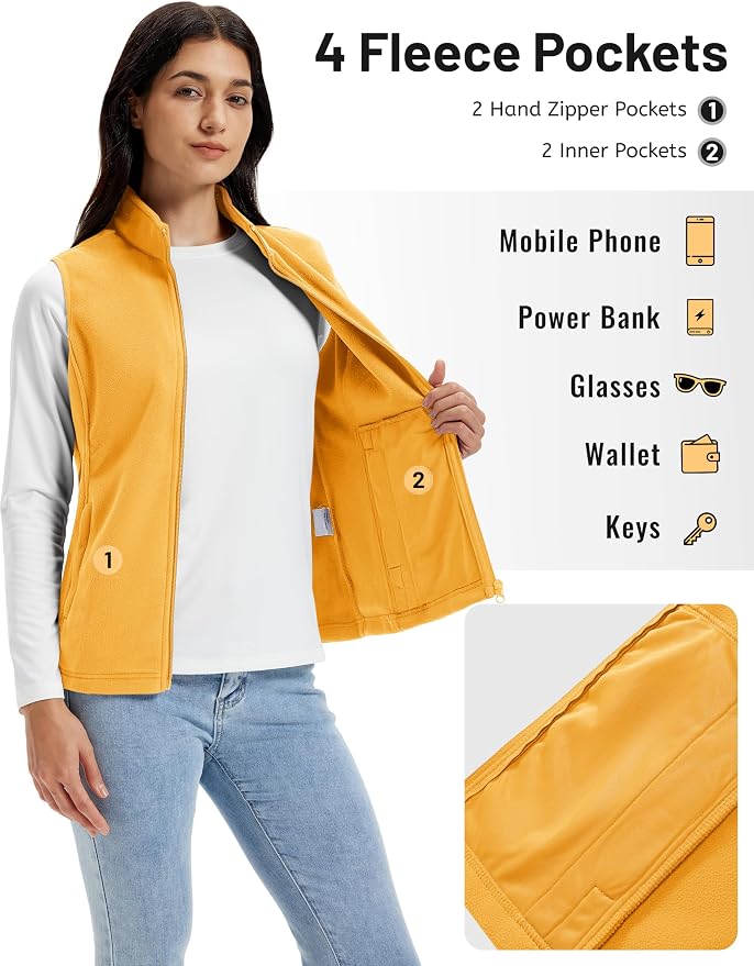 TACVASEN Women's Fleece Vest Lightweight Sleeveless Zip Jacket Outerwear | Soft Polar,Zipper Pockets,Stand Collar,Fall Winter Warm,Outdoor,Athletic,Running,Hiking,Travelling,Golf,Work