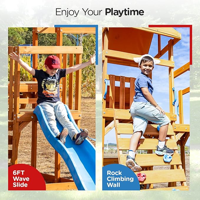 Dolphin Playground Wooden Swing Sets for Backyard with Monkey Bar, Outdoor Playset for Kids with 2 in 1 Outdoor Table, Wave Slide, Climbing Wall, and 2 Belt Swings, Heavy Duty Playground Accessories