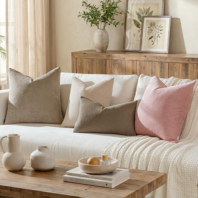 a moment Pack of 2 Decorative Chenille Throw Pillow Covers with Twill Cushion Covers for Sofa Living Room Couch Bed 24x24 Inch Light Brown