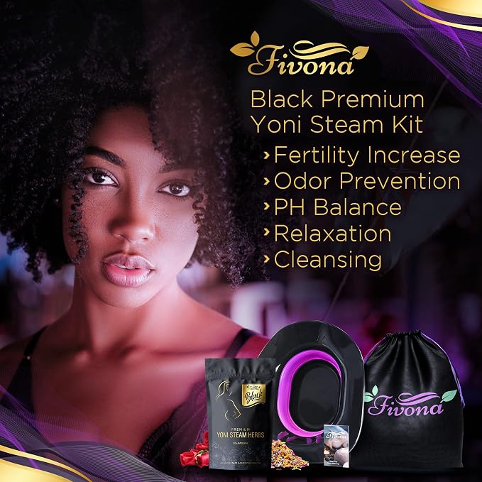Fivona 3-in-1 Yoni Steam Kit Black - Foldable Over the Toilet Steamer Seat with Herbal Blend and Storage Bag - Effective Detox pH Balance Cleansing and Relaxation - At Home V-SPA