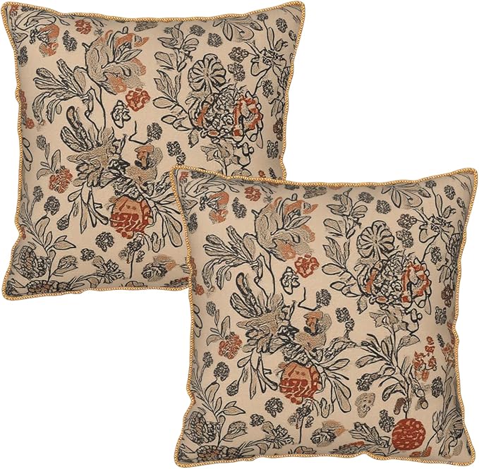KSLIDS Art Boho Floral Soft Velvet Throw Pillow Covers Set of 2 Beige Rust Botanical Flowers Decorative Pillow Covers 16x16 Inch Farmhouse Vintage Pillow Case for Sofa Couch Living Room Home Decor