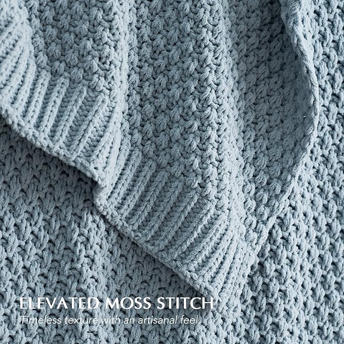 EVERGRACEHOME Chunky Chenille Knit Throw Blanket, 90 x 90, Chambray Blue | Sculpted Moss Stitch, Chic Modern Farmhouse, All-Season Warmth, OEKO-TEX® Certified, Oversized Queen for Couch, Bed, Sofa