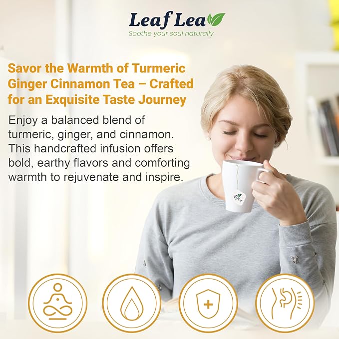 LeafLea Turmeric Ginger Tea Bags, Digestion & Immune Support, 240 Count | 100% Natural Herbal Blend With Cinnamon, Warm And Spicy Flavor, Caffeine-Free, Sugar-Free, Non-GMO, Convenient 6 Pack