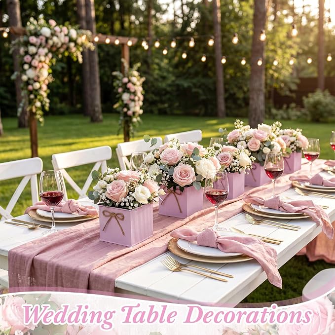 12 Pack Galvanized Square Vases with Floral Foam, 3.5 inch Waterproof Rustic Tin Buckets with Twine Bows, Mini Farmhouse Metal Planter Centerpieces for Wedding Party Table Decor(Pink)
