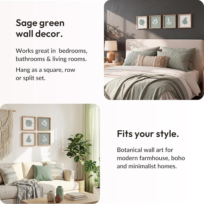 Tide and Tales Leaves of Meaning 3D Sage Green Wall Art (Set of 4) Framed Boho Wall Art for Living Room, Bedroom & Bathroom, House Warming Gifts for New Home, Botanical Farmhouse Home Decor 10"x10"