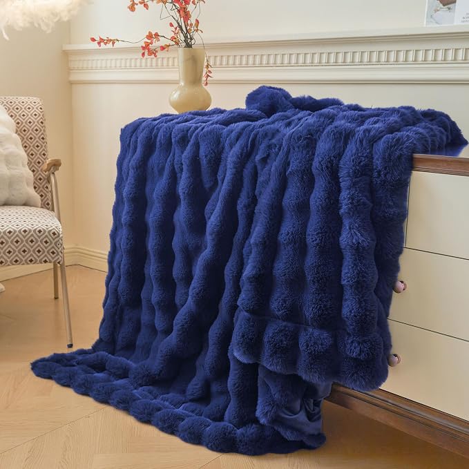 LIFEREVO Luxury Fluffy Faux Rabbit Fur Throw Blanket 60x80, Navy Blue | Plush Fuzzy Bubble Lap Throw for Couch Sofa Office, Soft Cozy Royal Furry Bed Blanket Home Decor, Washable & Skin-friendly