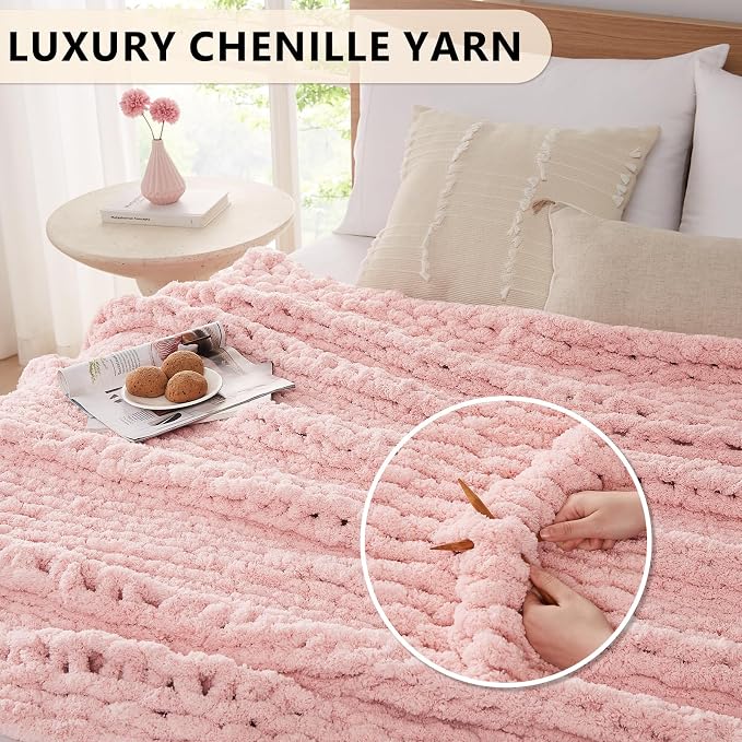 L'AGRATY Chunky Knit Throw Blanket for Couch, 72'' x 84'' Knit Throw, Pink | Handmade Chenille Crochet Blanket for Sofa Bed, Thick Cable Knitted Blankets for Room Home Decor, Birthday Gift for Women Mom