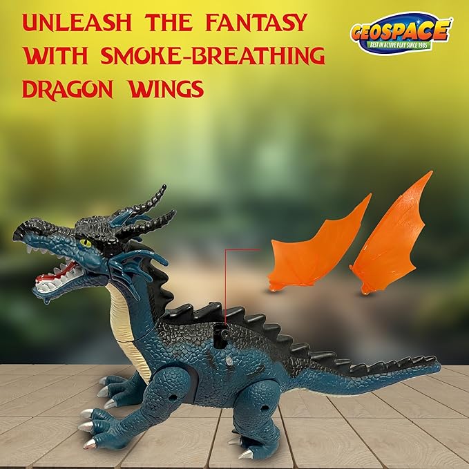 Geospace New Dragon Walking Dinosaur Toy – Smoke Breathing Fire Dragon Toy for Kids 3 & up, Walking Dinosaur Toys with Lights, Roaring Sound, Dragons Action Figure, Dragons for Gift (Blue)