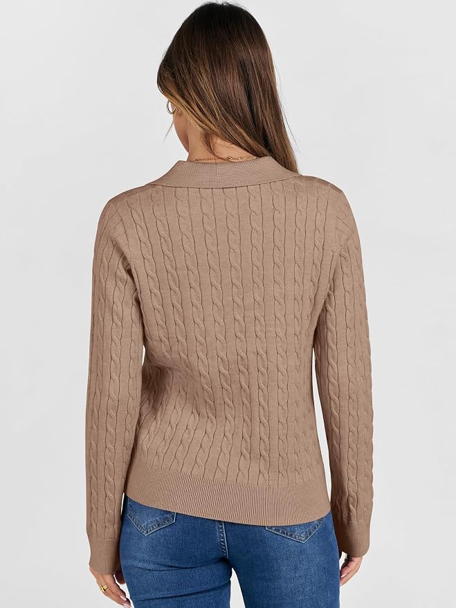 ANRABESS Womens Cable Knit Sweaters Long Sleeve V Neck | Pullover Collared Sweater Tops, Polo Knit Shirts, Business Casual Work, Tennis Golf, Fall Winter Fashion Outfits