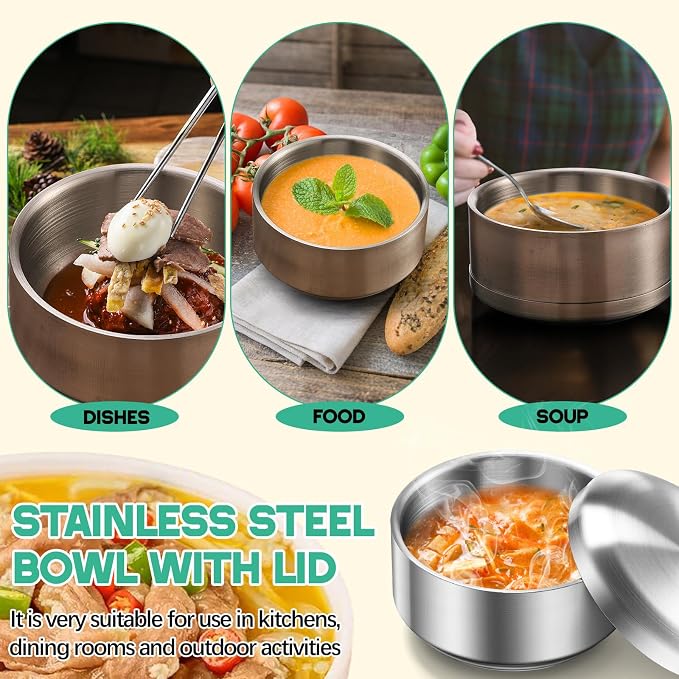 Reallnaive 4 Sets 17 oz Stainless Steel Korean Soup Rice Insulated Bowl with Lid for Metal Cereal Kitchen Restaurant Double Walled Anti Scalding Bowls for Soup Salad Noodles