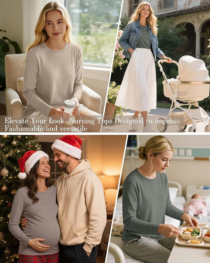 3 Pack Nursing Tops for Breastfeeding Maternity Shirts Zipper Long Sleeve Round Neck Knit Casual Nursing Clothes