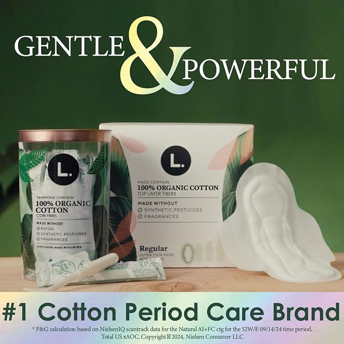 L. Tampons, Made with Organic Cotton, Super/Super Plus Absorbency, Multipack, Made Without Synthetic Pesticides, Rayon or Fragrances, Applicator Made Without BPA, Leak-Stopping Design, 36 Count