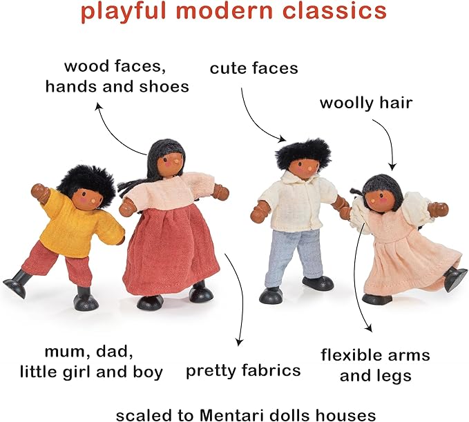 Mentari Toys - The Berrybunch Doll Family - 4pc Poseable Wooden Doll Set with Fabric Clothes - Perfect for Dollhouses and Small World Play - Encourages Imaginative Play and Social Skills - Age 3+