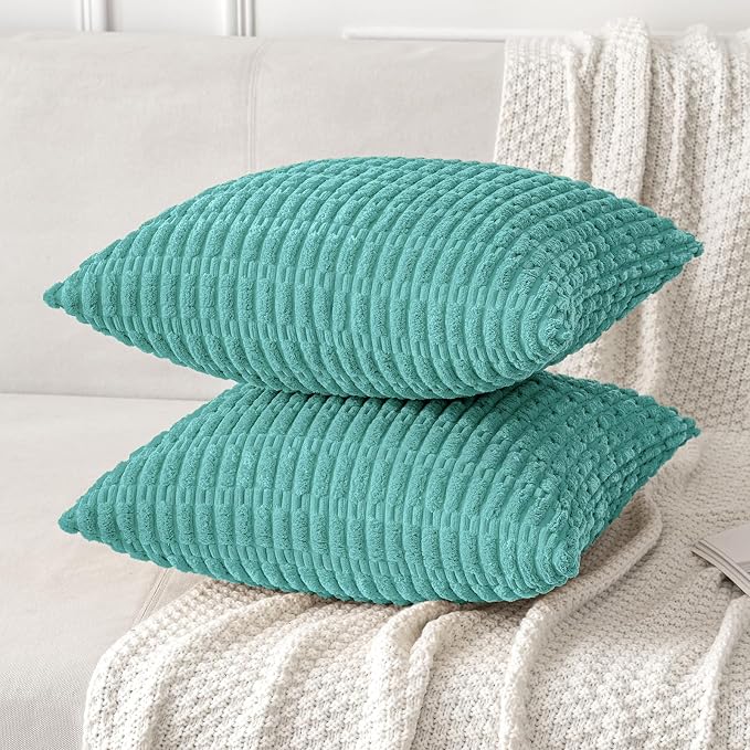 MIULEE Corduroy Decorative Throw Pillow Covers 18x18 Aqua Green Pack of 2 | Soft Boho Striped Pillow Covers Modern Farmhouse Home Decor For Sofa Living Room Couch Bed