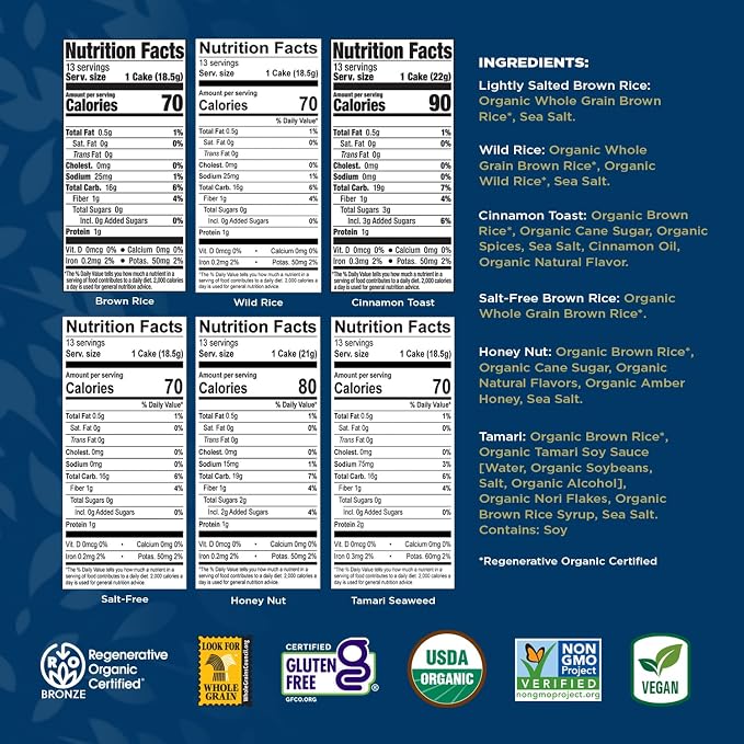 Lundberg Organic Brown Rice Cakes Variety 6-Pack – Regenerative Organic Certified Salt-Free, Lightly Salted, Wild Rice, Tamari with Seaweed, Cinnamon Toast, Honey Nut, Healthy Snacks, 8.5 Oz Ea