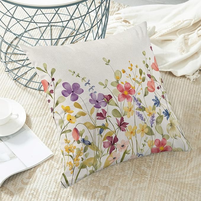 AEIOAE Spring Pillow Covers 16x16 Inch Set of 2, Colorful Wild Flower Leaves Plant Throw Pillows Case,Seasonal Floral Outdoor Decorative Farmhouse Decor Cushion Covers for Home Sofa Bed Couch