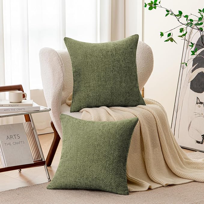 a moment Olive Green Chenille Throw Pillow Covers 18x18 Inch Pack of 2 Modern Decorative Throw Pillow Covers Farmhouse Cross Covers Home Decor for Sofa Bedroom Living Room
