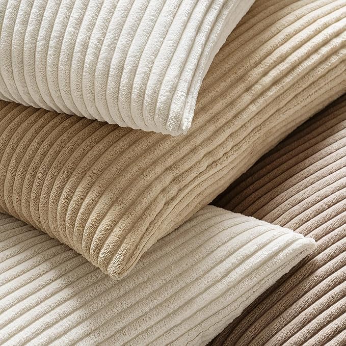 MIULEE Lumbar Soft Corduroy Throw Pillow Covers Set of 2 12x20 Cream White | Decorative Striped Textured Cushion Cases, Boho Pillowcases Neutral Home Decor, for Couch Chair Sofa Bed Living Room