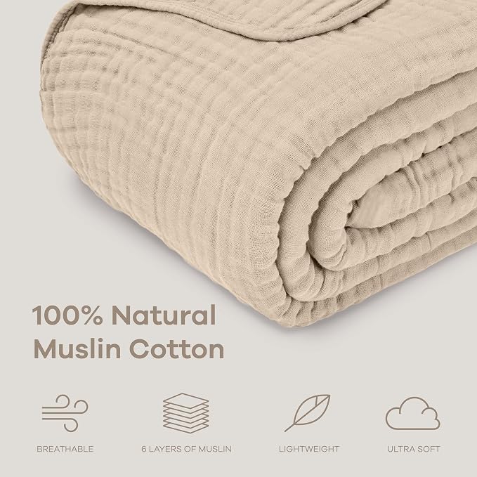 Comfy Cubs Adult Muslin Blanket 50x60” Throw Swaddle Blankets, Sand | 6 Layer Soft, Breathable & Lightweight Muslin Adult Blanket - Machine Washable & Designed in the US Bedding for All Seasons