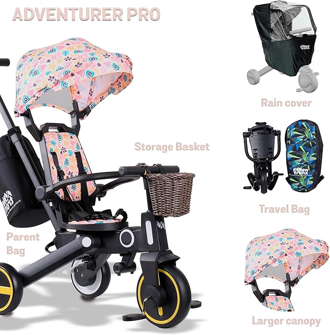 Adventure Pro Summer Edition - Foldable Tricycle for Toddlers-Big Canopy, Basket,Travel Backpack and Parent Bag - Toddler Tricycle for Ages 10 Months to 5 Years (Summer Pastel)