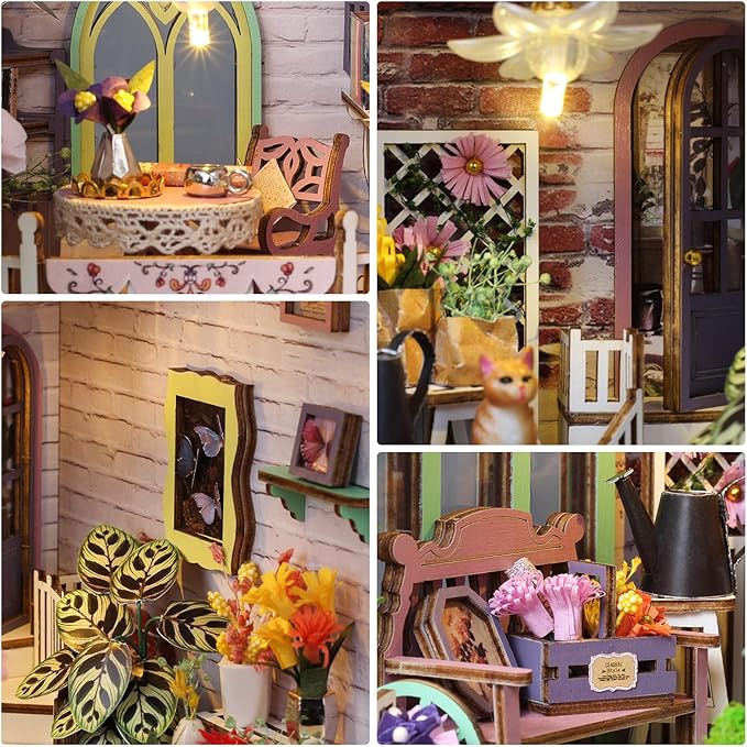Foyucool Book Nook Kit - DIY Miniature Dollhouse Kits for Adults, Booknook Bookshelf Insert with LED Light, 3D Wooden Puzzle Bookend Insert, Hobbies Gifts for Family and Friends, Flower House