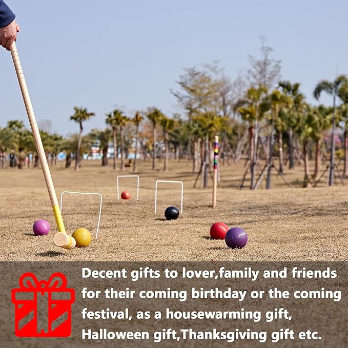 SpeedArmis 8 Players Croquet Set with 32In Regulation | 28In Standard Size Rubber Wood Mallets, Colored PE Ball, Wickets, 21In End Stakes - Lawn Backyard Game Kit for Teens/Adults/Family
