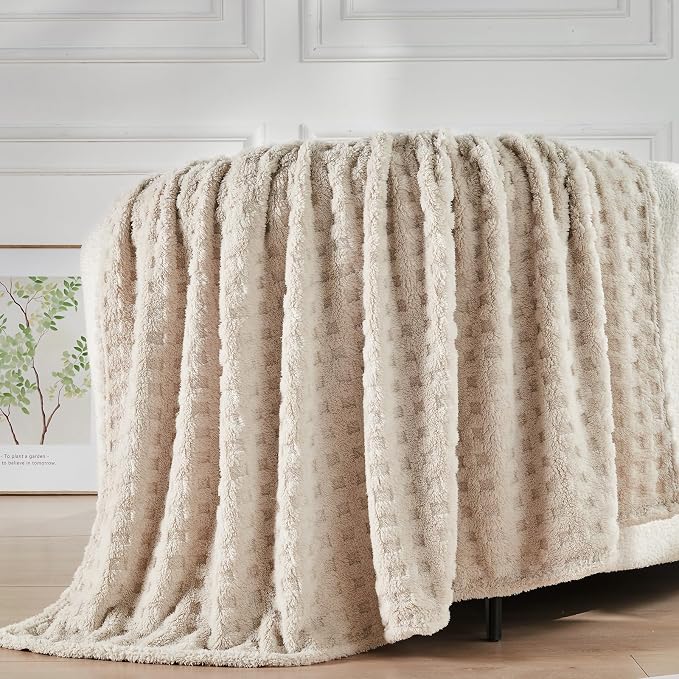 NEWCOSPLAY 3D Waffle Checkered Flannel Queen Blanket, Linen, 90"x90" | Super Soft Cute Lightweight Decorative Premium Silky Fleece Blanket for Couch Sofa Bed, Gift for Women Men, All Season Use