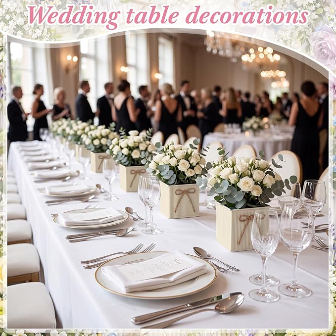 12 Pack Galvanized Square Vases with Floral Foam, 3.5 inch Waterproof Rustic Tin Buckets with Twine Bows, Mini Farmhouse Metal Planter Centerpieces for Wedding Party Table Decor (Beige)