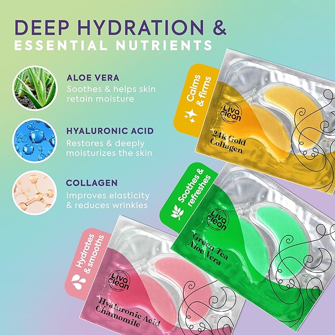 LivaClean 24k Gold Under Eye Patches - 60 Undereye Masks - Collagen Eye Patches for Puffy Eyes and Dark Circles - 3 Active Formulas, Hyaluronic Acid, Collagen, and Aloe Vera for Tired, Puffy eyes