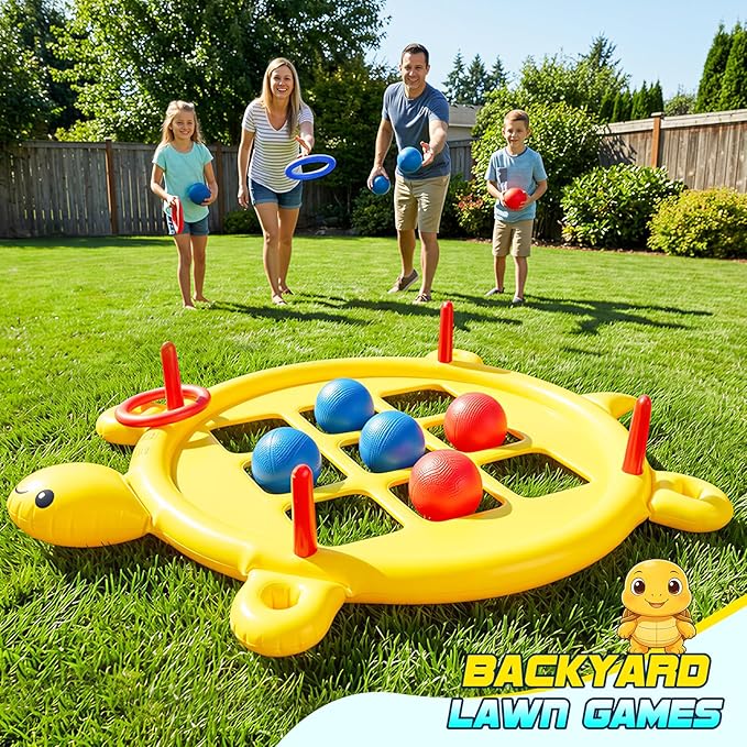 2 in 1 Pool Toys Games Set Inflatable Tic Tac Toe with 10 Balls & 10 Rings for Adults Teens Kids, Giant Floating Tic-Tac-Toe with Cup Holder, Ring Toss, Large Outdoor Yard Carnival Field Day Game
